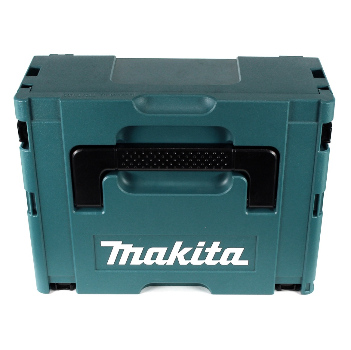 Eine teal Makita Werkzeugkiste mit schwarzem Griff. Das Makita-Logo ist sichtbar. Die Box befindet sich auf weißem Hintergrund.