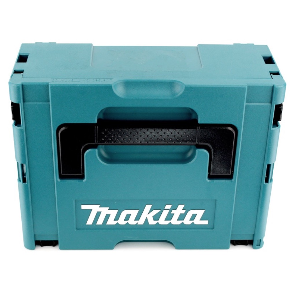 Eine türkisfarbene Makita-Werkzeugkiste mit schwarzem Griff und Markennamen in weißen Buchstaben. Die Box ist geschlossen und steht auf weißem Untergrund.