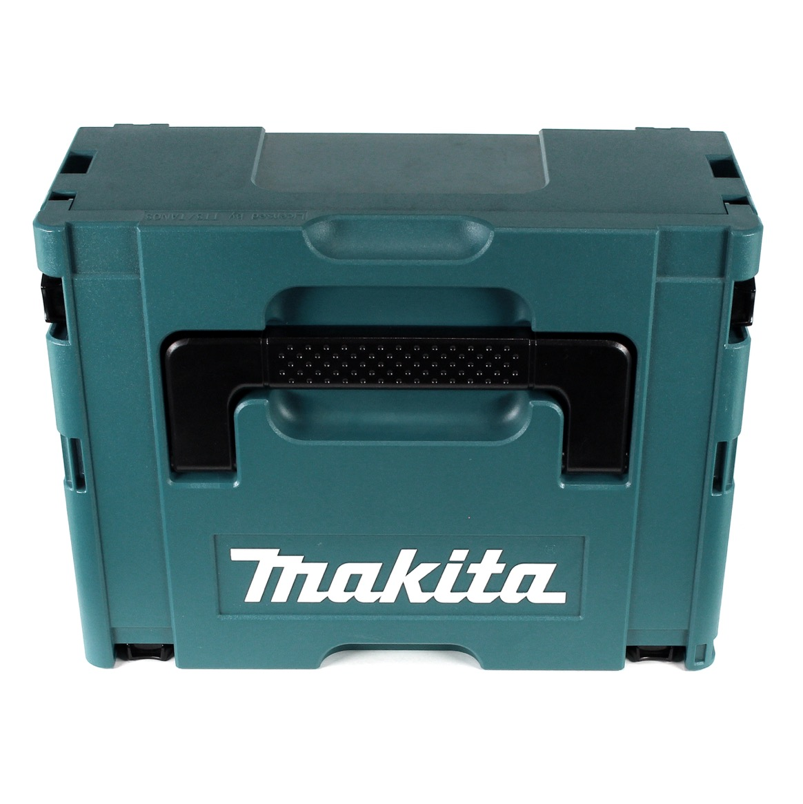 Eine türkisfarbene Makita-Werkzeugkiste mit schwarzem Griff ist abgebildet. Das Makita-Logo ist auf der Vorderseite aufgedruckt.