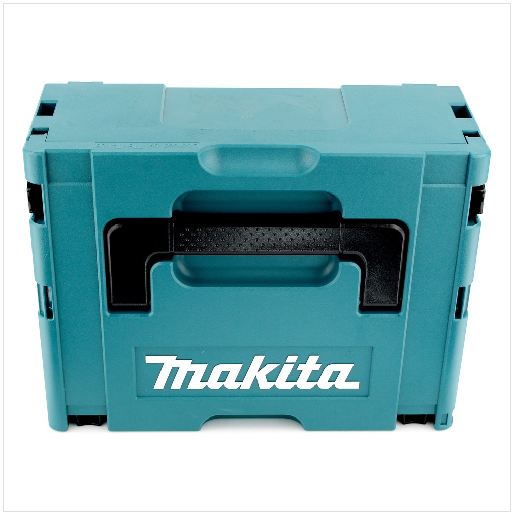 Eine teal Makita Werkzeugkiste mit schwarzem Griff und dem Makita Logo auf der Vorderseite. Die Box ist geschlossen und steht auf weißem Grund.