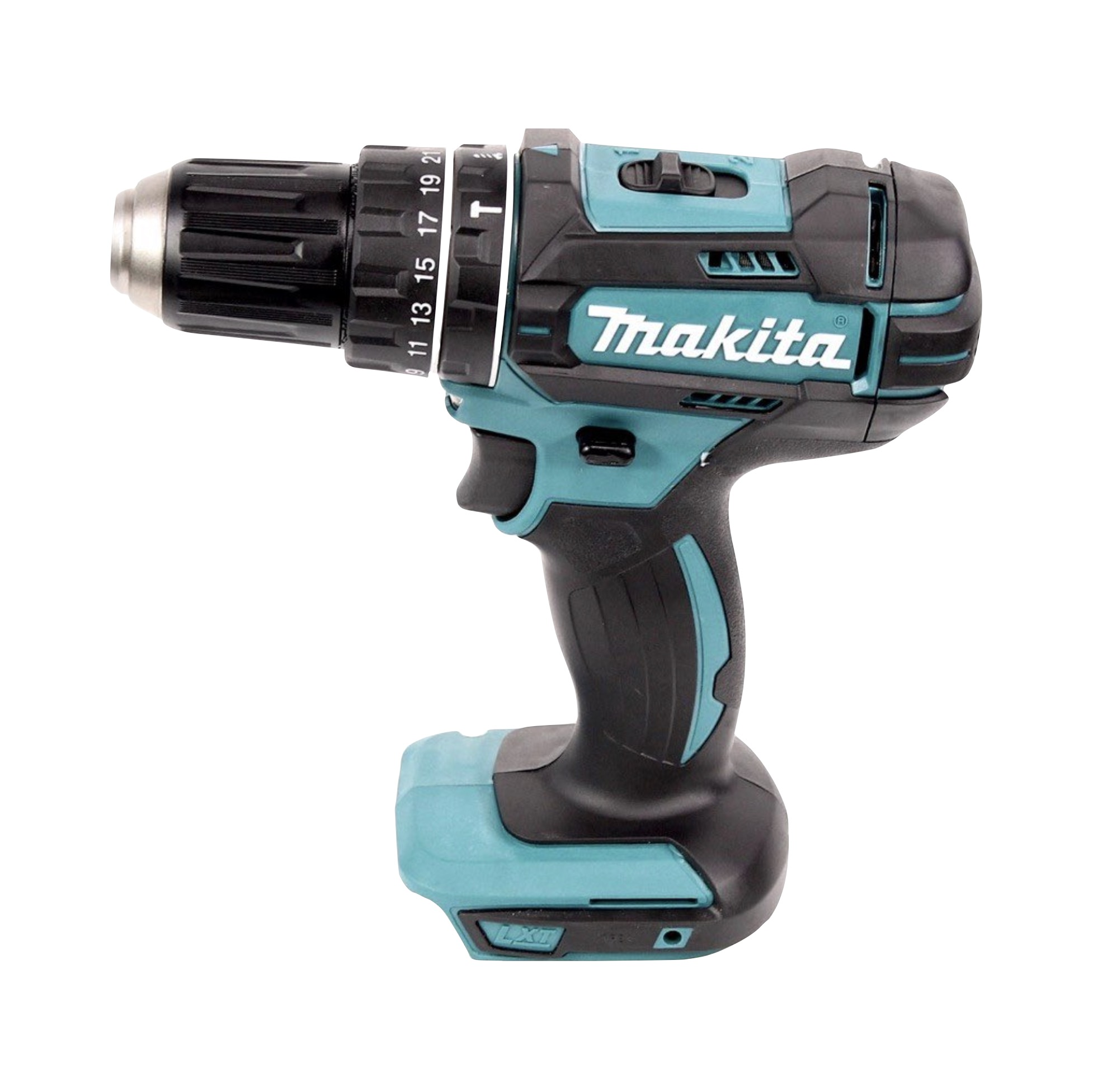 Ein Akku-Bohrschrauber von Makita mit schwarzen und teal-farbenen Akzenten auf weißem Hintergrund.