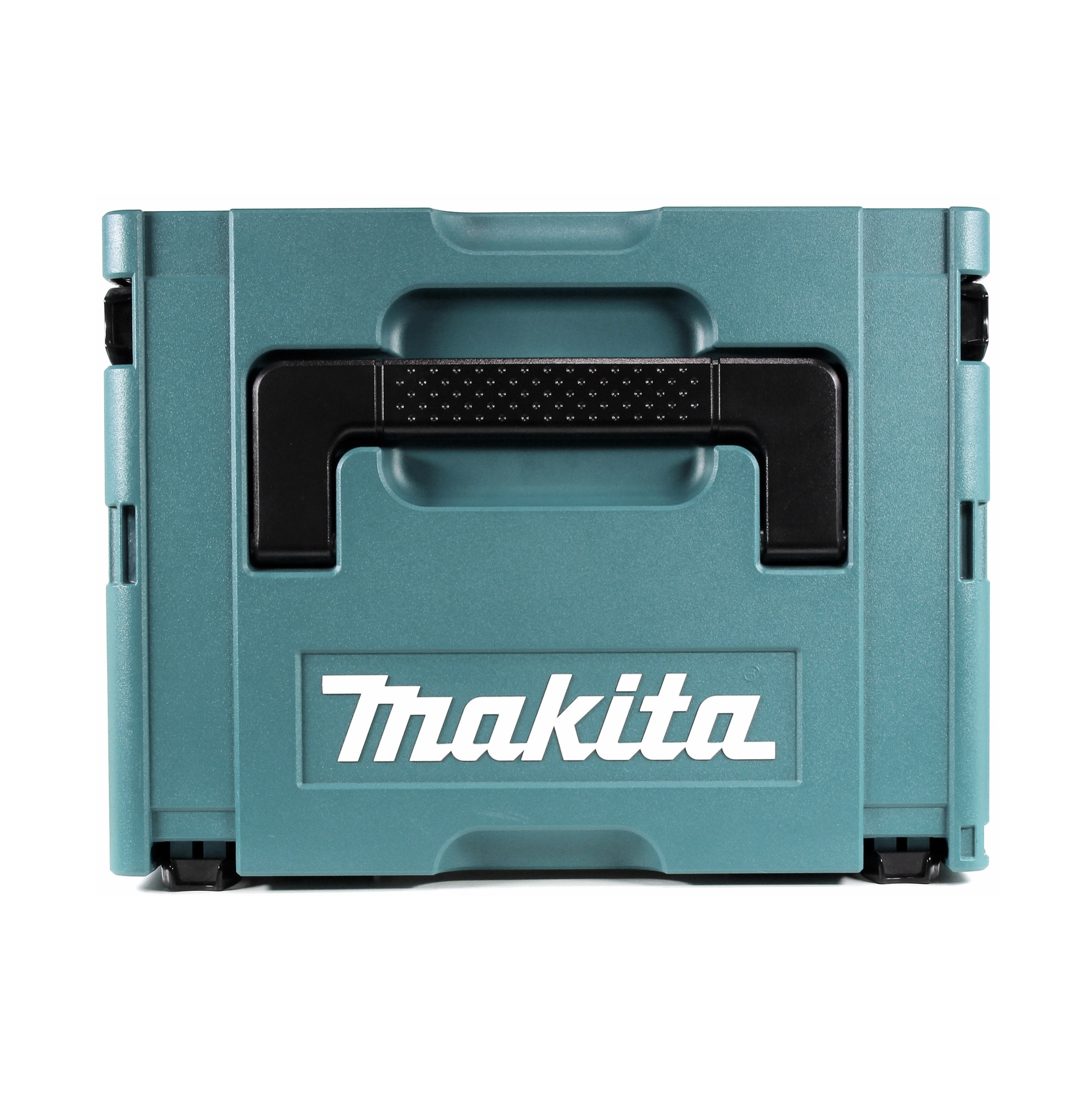 Eine teal Makita-Aufbewahrungsbox mit schwarzem Griff und dem Makita-Logo in Weiß. Isoliert auf weißem Hintergrund.