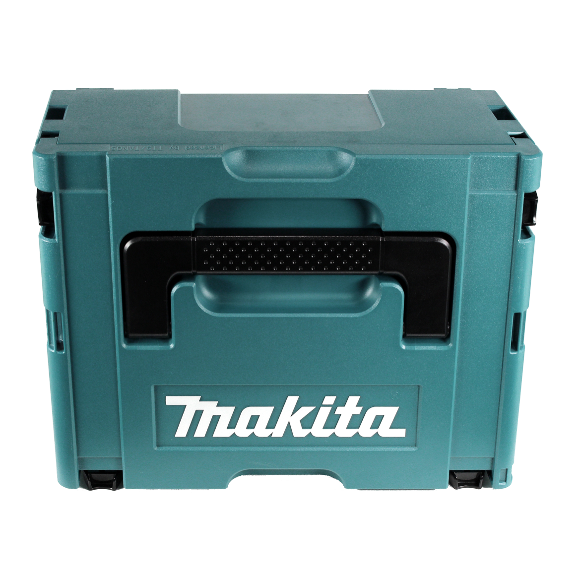 Eine teal-farbene Makita-Werkzeugkiste mit schwarzem Griff. Das Makita-Logo ist sichtbar. Die Kiste steht auf weißem Hintergrund.