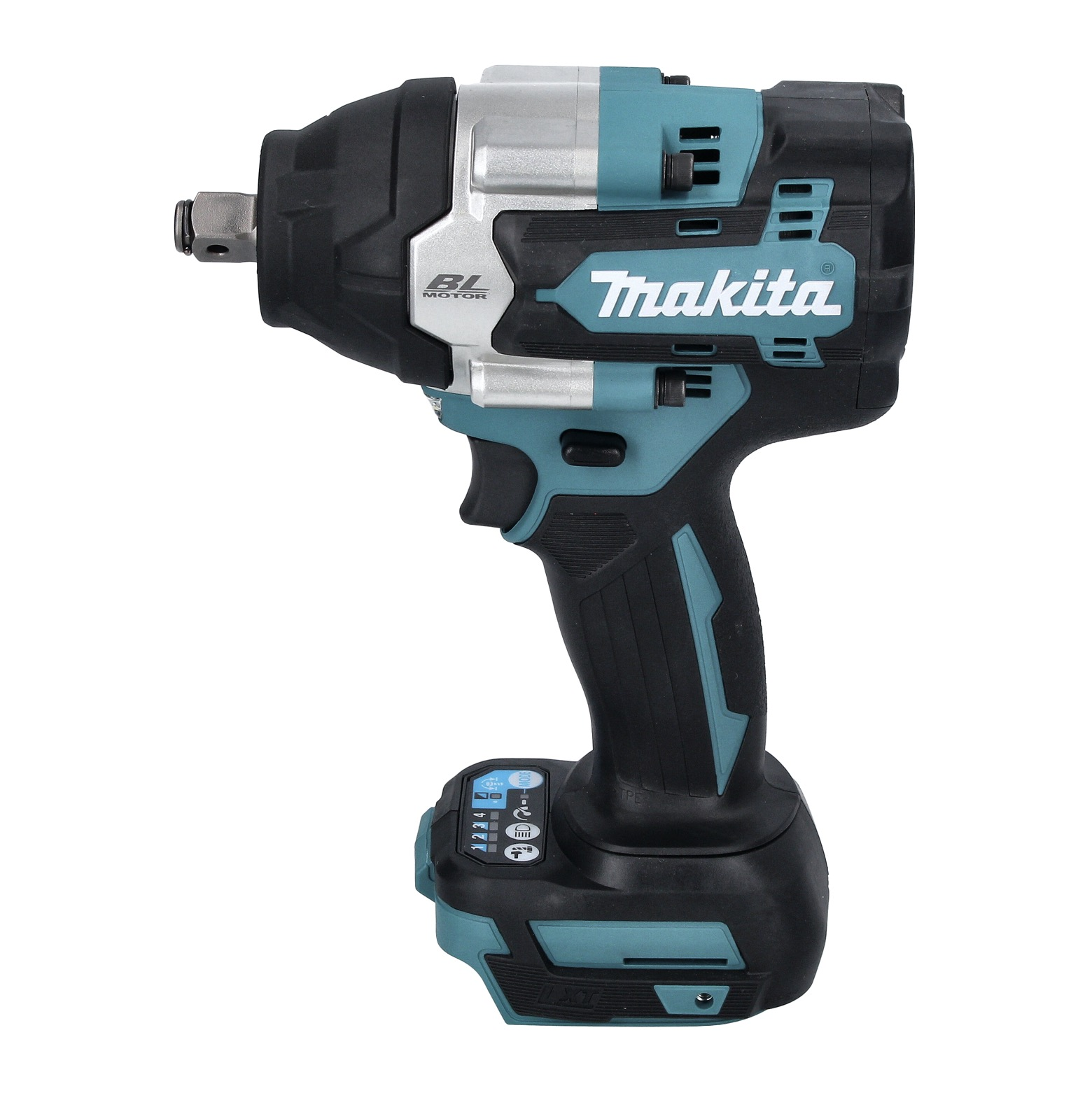 Akku-Schlagschrauber von Makita. Schwarz und türkis. Mit Makita-Logo und BL-Motor. Akku unten.