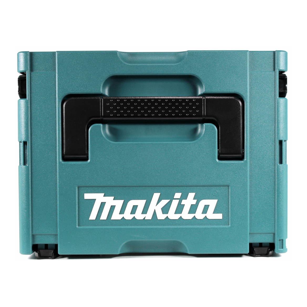 Eine türkisblaue Makita-Werkzeugkiste mit schwarzem Griff. Das Makita-Logo ist weiß. Die Werkzeugkiste ist geschlossen und auf weißem Hintergrund.