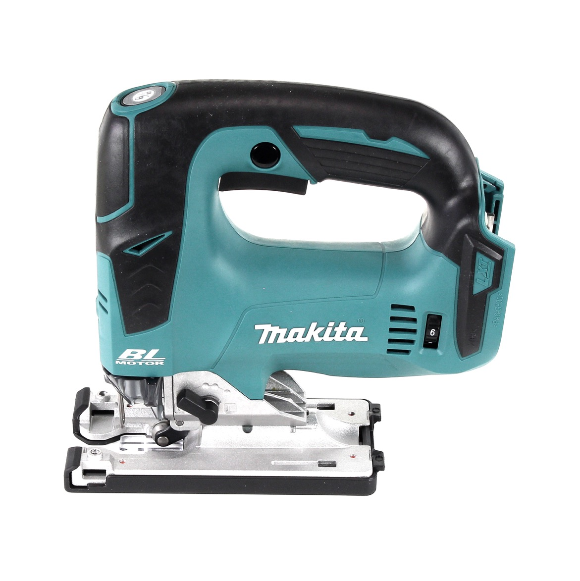Eine teal- und schwarzfarbene Makita-Stichsäge auf weißem Hintergrund. Sie hat einen BL-Motor und die Einstellung 6.