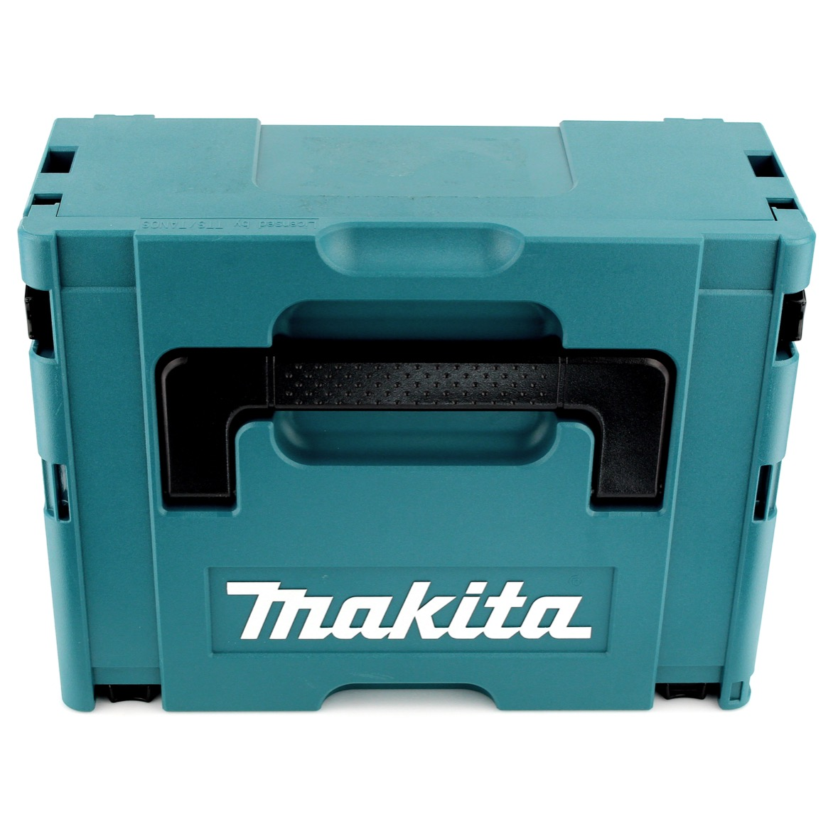 Eine teal Makita-Werkzeugbox mit schwarzem Griff und dem Markennamen in Weiß. Die Box ist geschlossen und steht auf weißem Hintergrund.