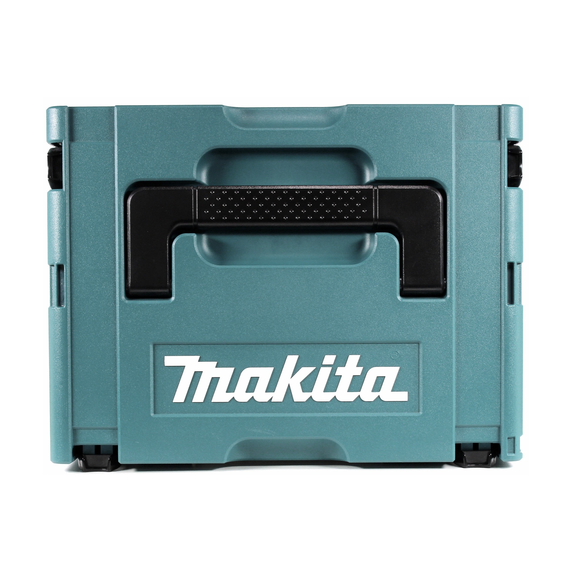 Eine teal Makita Werkzeugkiste mit schwarzem Griff und dem weißen Makita-Logo. Es ist auf weißem Hintergrund.