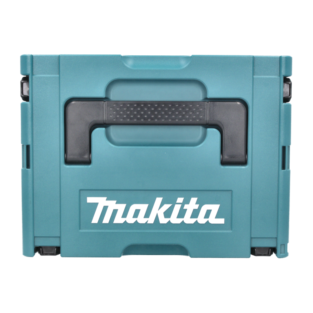 Eine türkisfarbene Makita-Werkzeugbox mit schwarzem Griff und weißem Makita-Logo.
