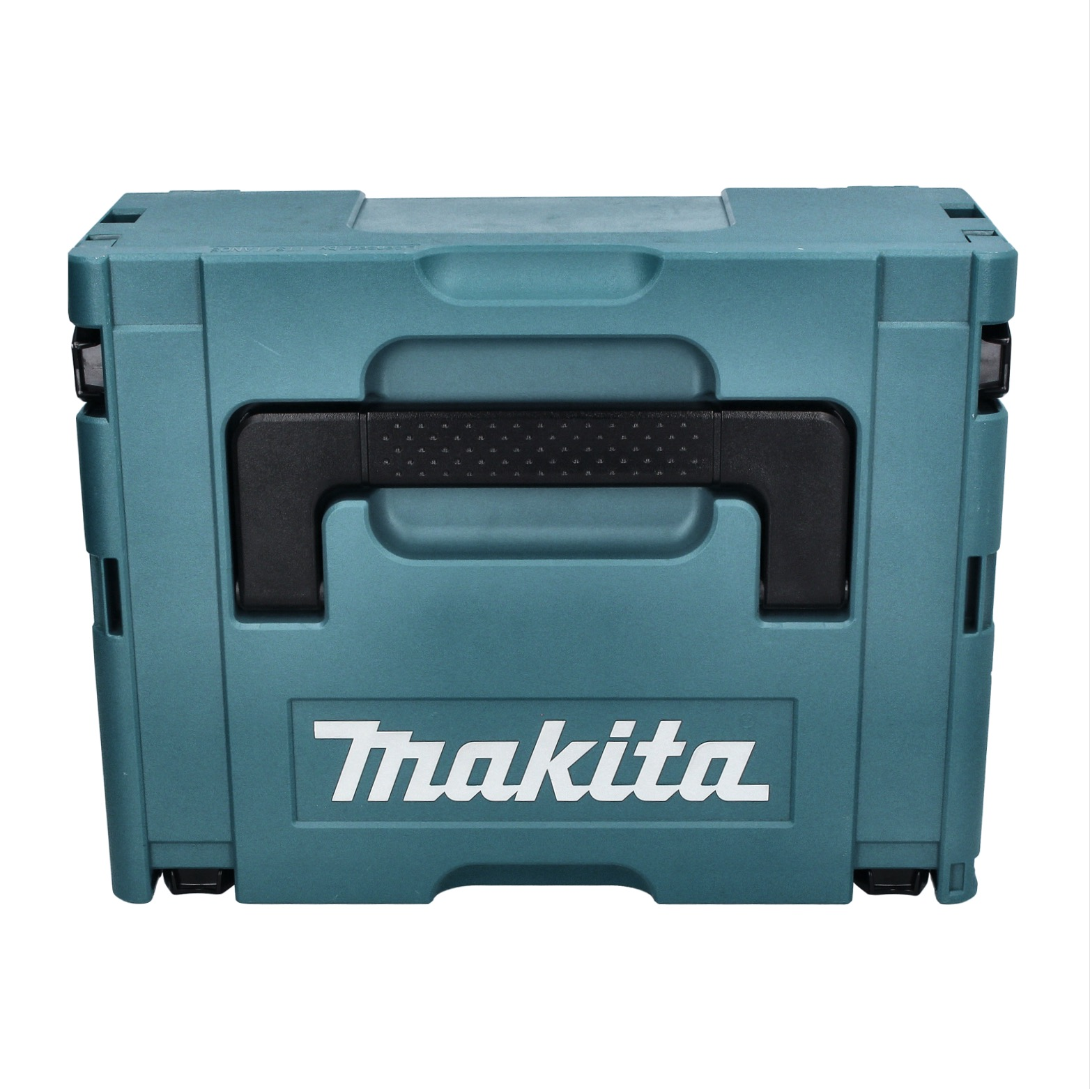 Eine türkisblaue Makita-Werkzeugkiste mit schwarzem Griff und dem weißen Makita-Logo.