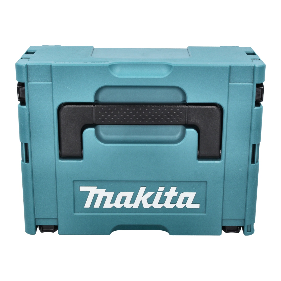 Eine türkisfarbene Makita-Werkzeugkiste mit schwarzem Griff steht mittig auf weißem Hintergrund. Das Makita-Logo ist sichtbar.