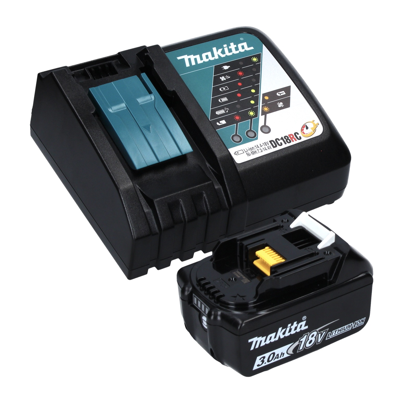 Ein schwarzes Makita-Batterieladegerät und ein Akku sind abgebildet. Das Ladegerät hat einen tealfarbenen Abschnitt. Die Batterie ist schwarz mit weißem Text.