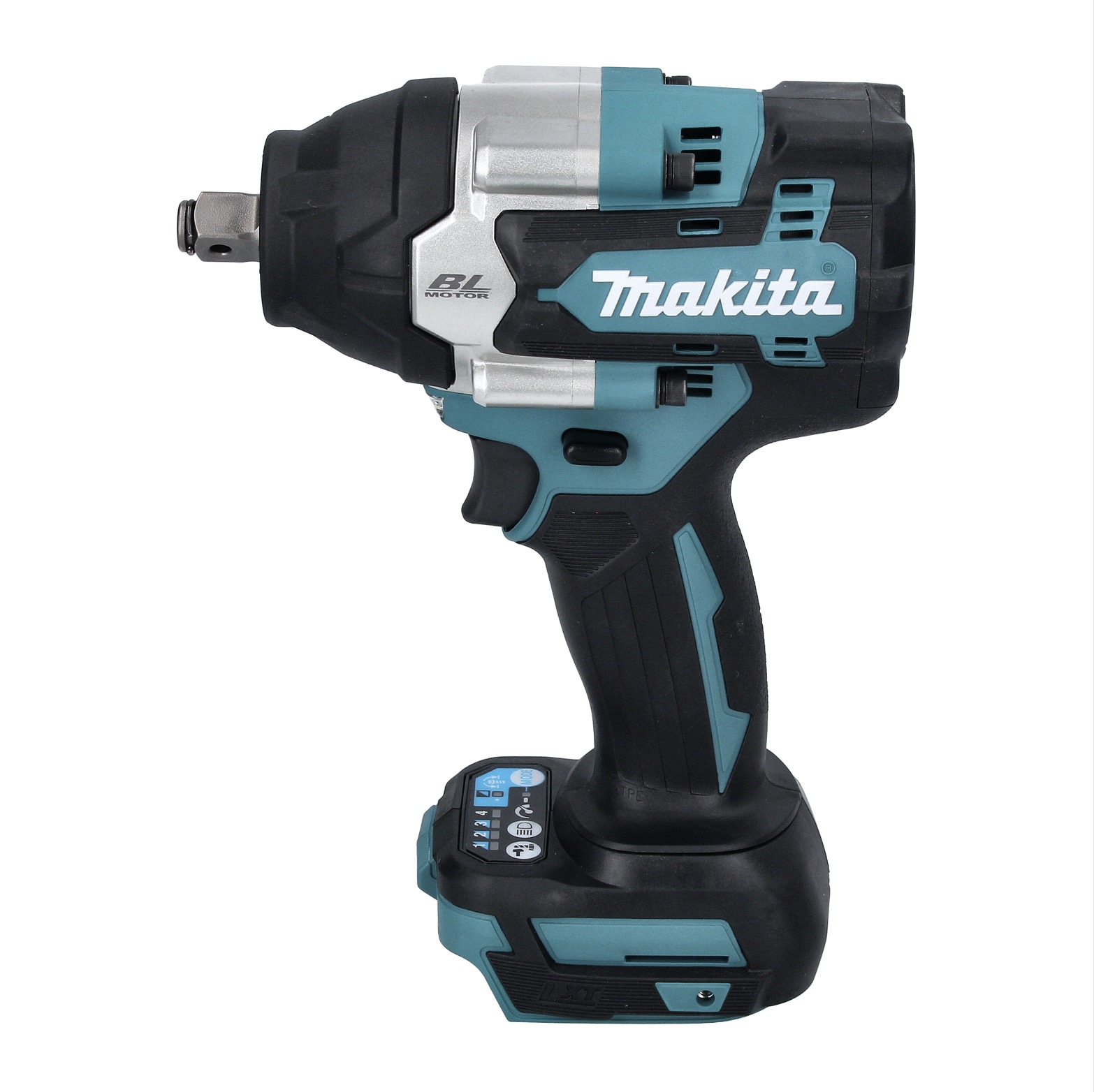 Schlagschrauber von Makita. Schwarz und türkis. Mit BL-Motor und Akku. Sichtbares Makita-Logo.