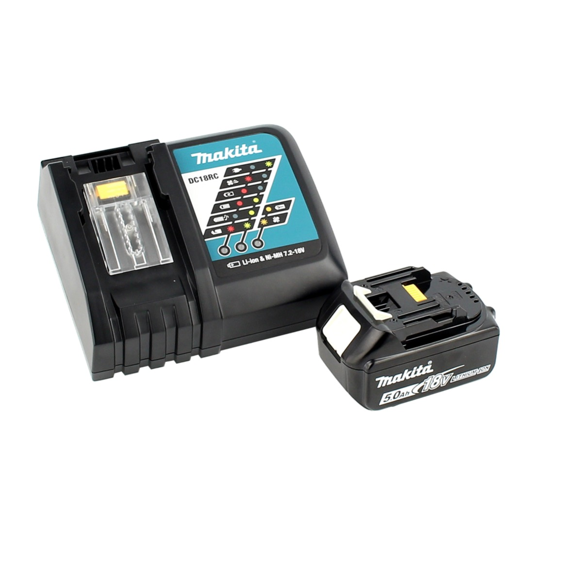Schwarzes Makita-Ladegerät und Akku. Das Ladegerät hat ein Display und der Akku hat 5,0 Ah 18 V Lithium-Ionen.