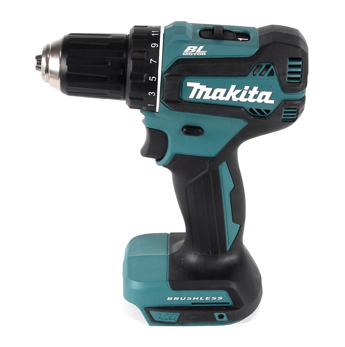 Ein Akku-Bohrschrauber von Makita mit einem schwarz-türkisfarbenen Farbschema. Er hat einen Bohrer und eine einstellbare Drehmomenteinstellung.