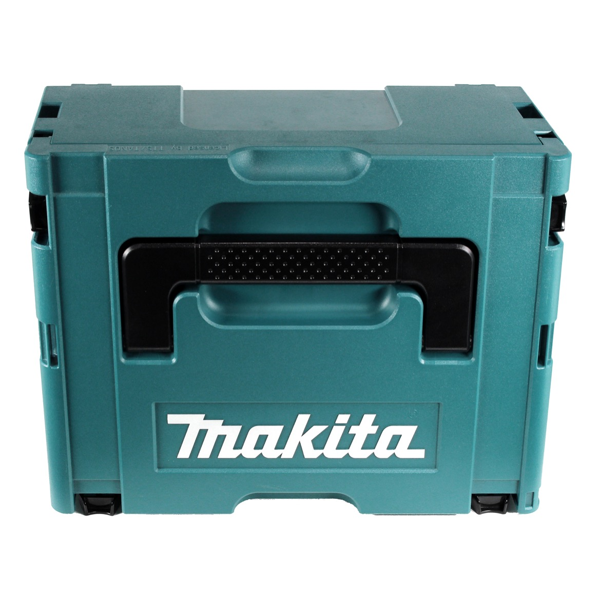 Eine teal Makita Werkzeugkiste mit einem schwarzen Griff, das Makita-Logo ist auf der Vorderseite. Es ist auf weißem Hintergrund.