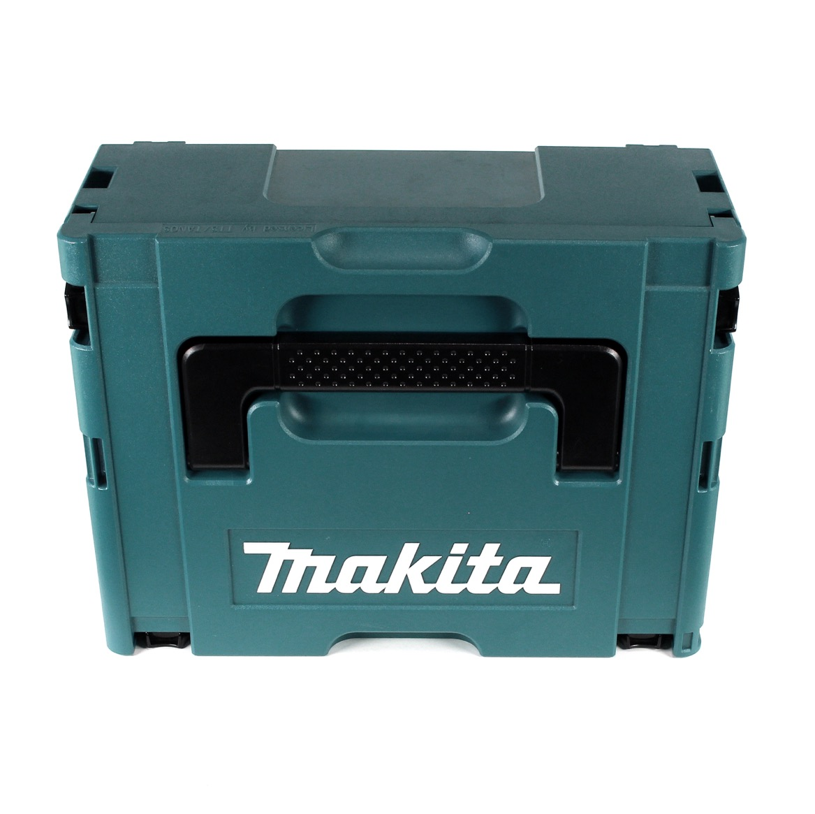 Eine teal Makita Werkzeugkiste mit schwarzem Griff und weißem Logo. Der Hintergrund ist weiß.