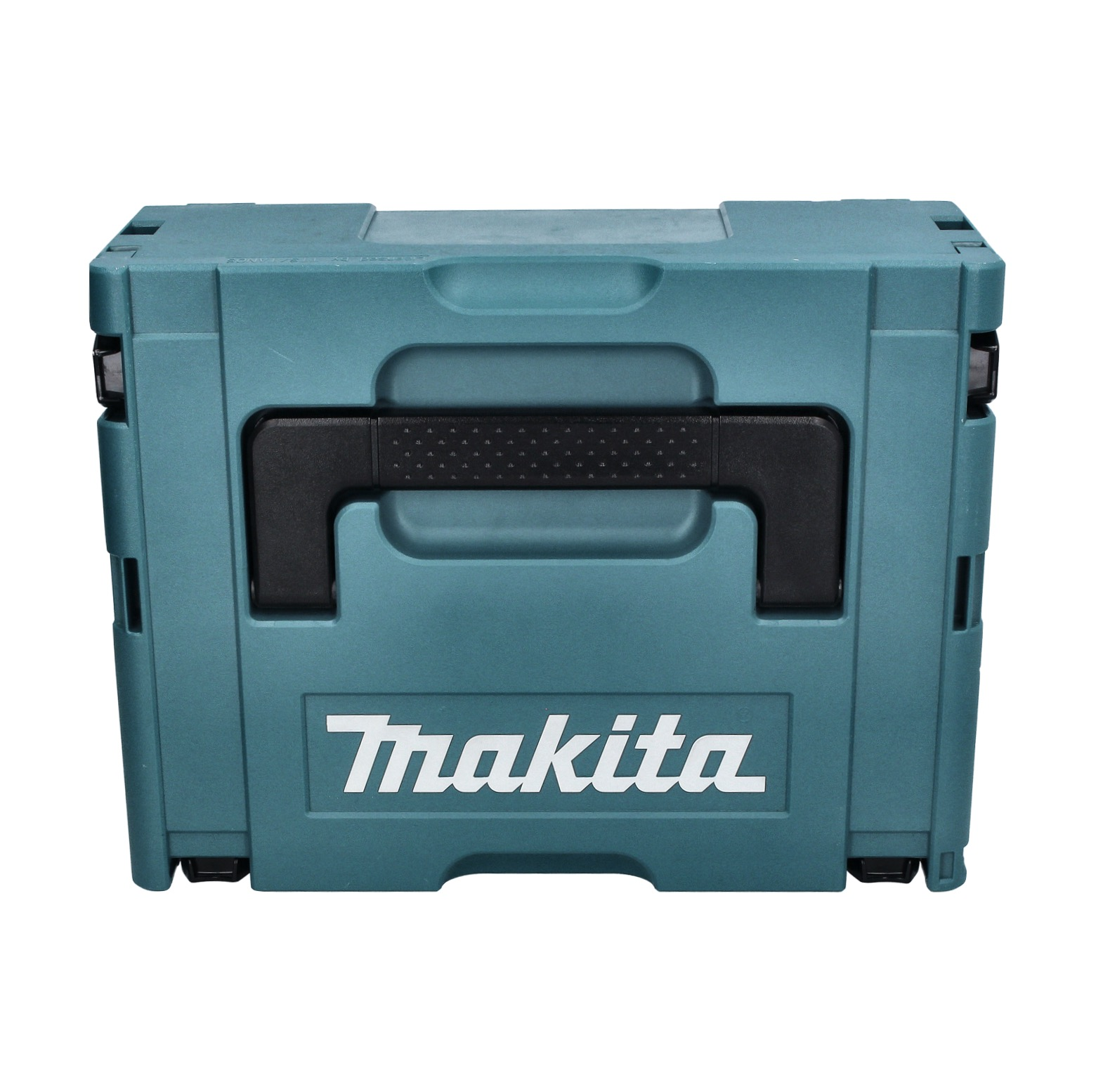 Eine teal Makita-Werkzeugbox mit schwarzem Griff und Logo. Die Box ist geschlossen und rechteckig.