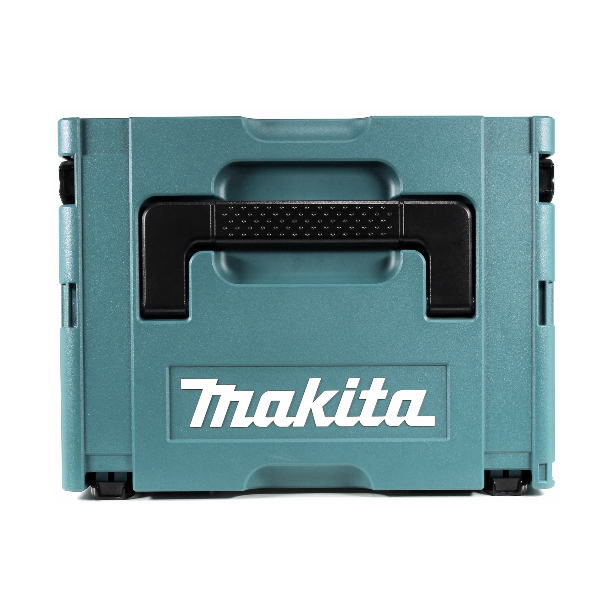 Eine teal Makita-Aufbewahrungsbox mit schwarzem Griff. Der Markenname ist weiß auf der Vorderseite. Der Hintergrund ist weiß.