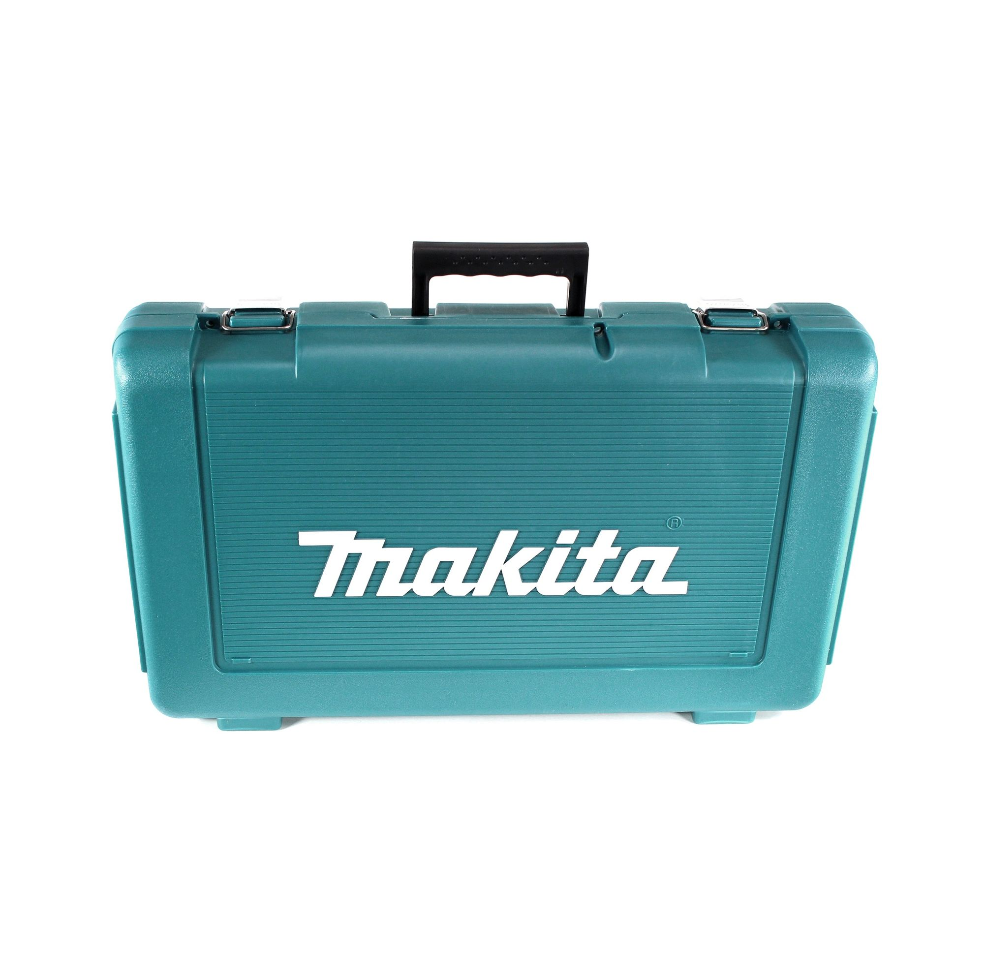 Eine türkisblaue Makita-Werkzeugkiste auf weißem Hintergrund. Sie hat einen schwarzen Griff und das Makita-Logo in Weiß.