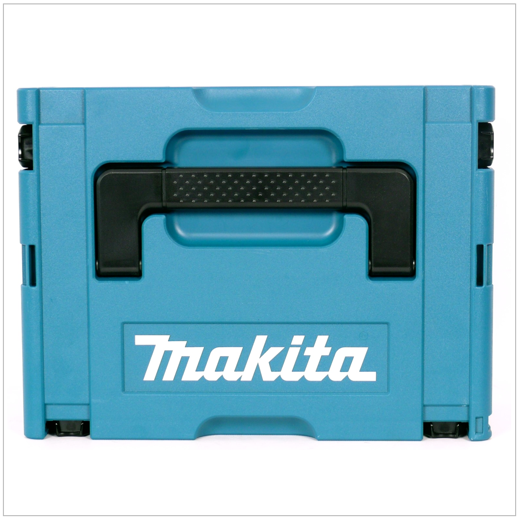 Eine türkisfarbene Makita-Werkzeugkiste ist zentriert. Sie hat einen schwarzen Griff und das Makita-Logo in Weiß auf der Vorderseite.