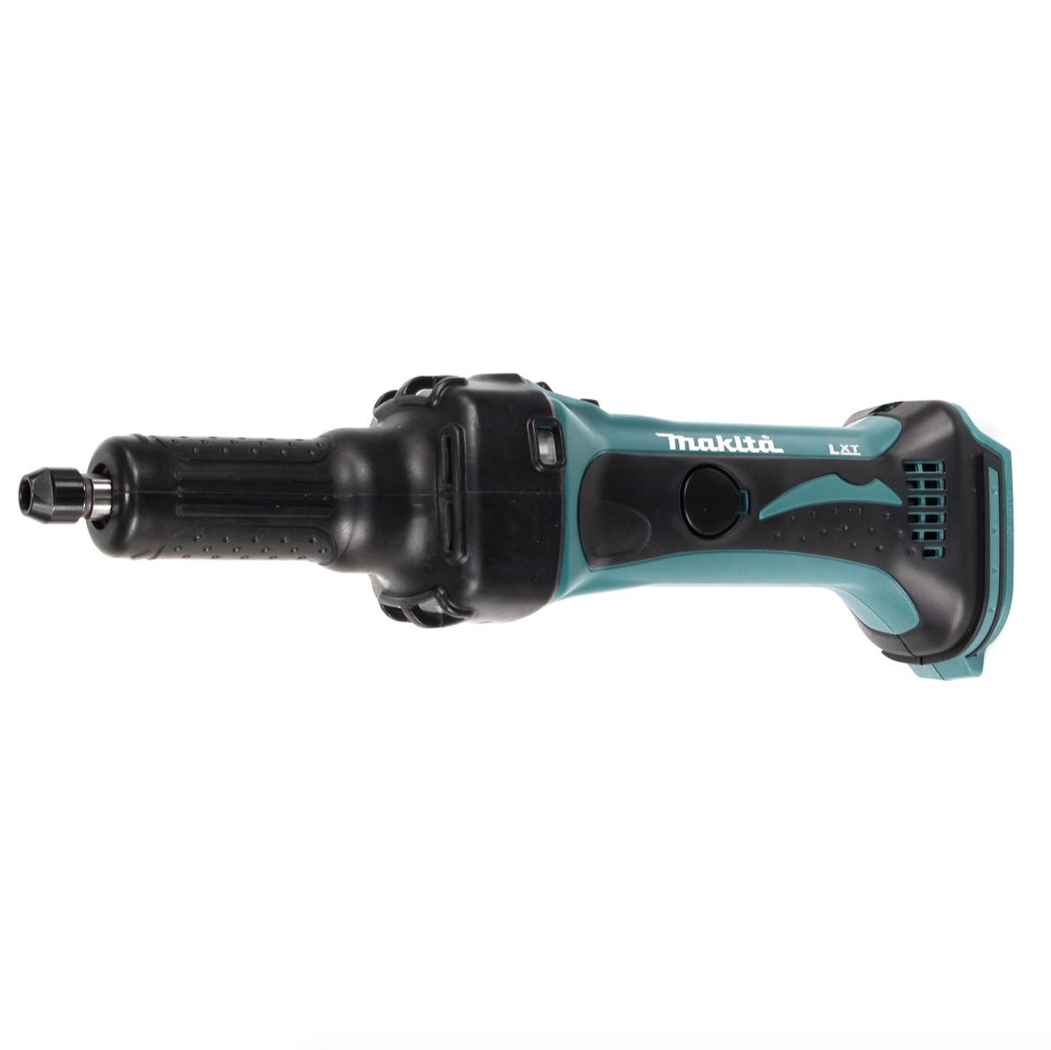 Ein kabelloses Makita LXT Rotationswerkzeug liegt horizontal. Es hat ein schwarz-türkisfarbenes Farbschema auf weißem Hintergrund.