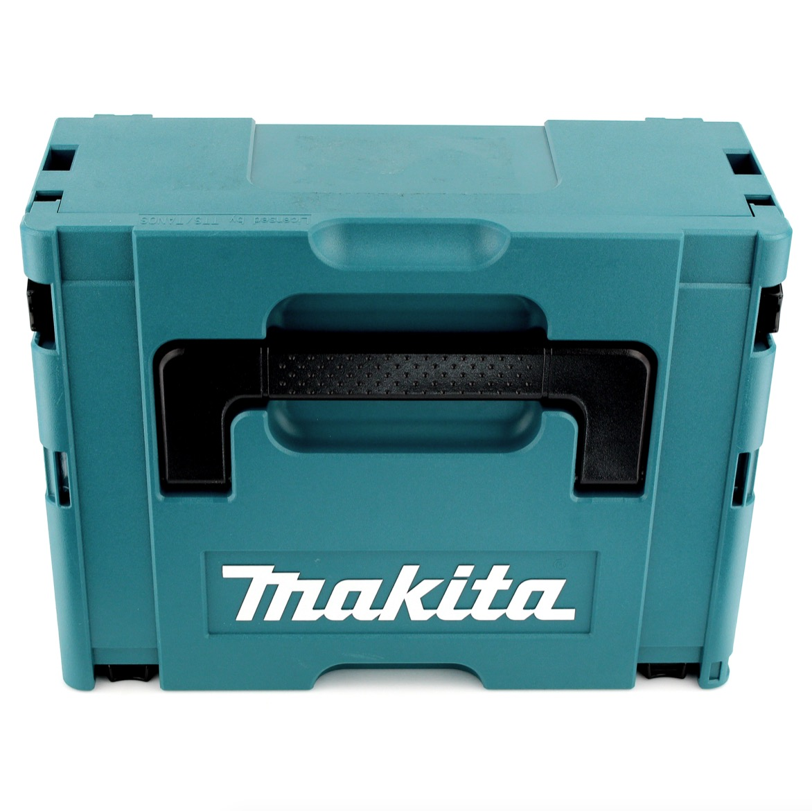 Eine türkisblaue Makita-Werkzeugkiste mit schwarzem Griff. Das Makita-Logo ist weiß. Die Kiste steht auf einer weißen Fläche.