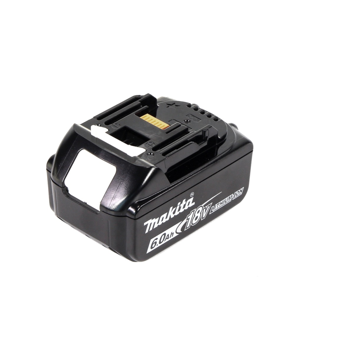 Schwarzer Makita 18V 6.0Ah Lithium-Ionen-Akku. Mit weißem Logo und Etiketten. Er befindet sich auf weißem Hintergrund.