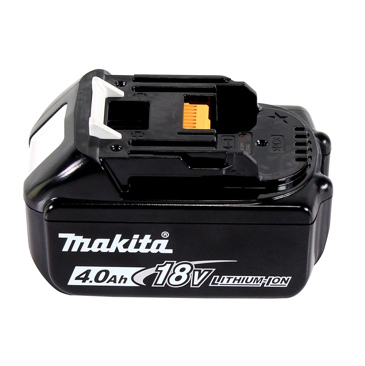 Schwarzer Makita 18V 4,0Ah Lithium-Ionen-Akku. Der Akku hat ein schwarzes Gehäuse mit weißen und orangenen Details. Das Makita-Logo ist sichtbar.