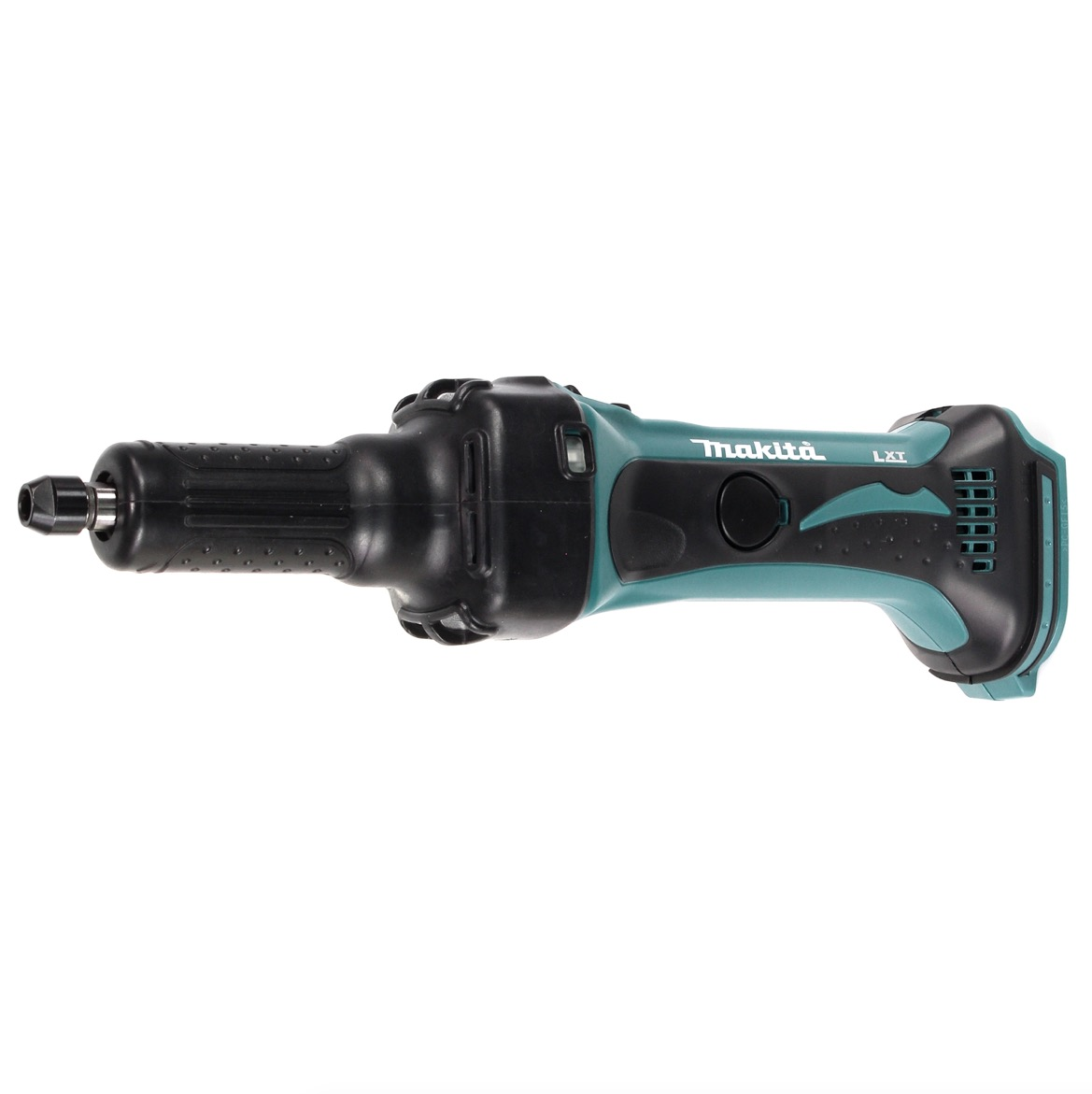 Ein Makita LXT Elektrowerkzeug. Es hat einen schwarzen und tealfarbenen Körper. Das Werkzeug liegt horizontal auf einer weißen Oberfläche.