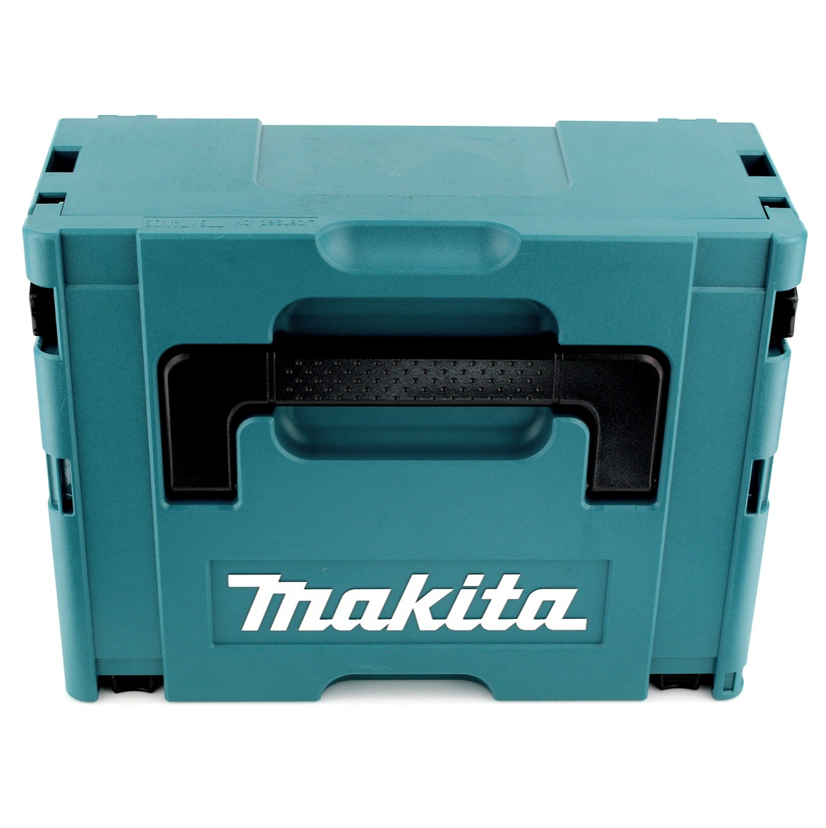 Eine türkisfarbene Makita-Werkzeugkiste mit schwarzem Griff und dem weißen Makita-Logo auf der Vorderseite. Der Hintergrund ist weiß.
