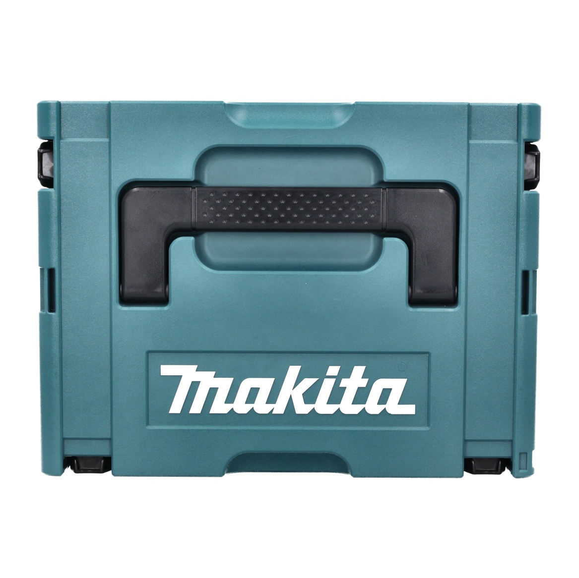 Eine türkisfarbene Makita-Werkzeugbox mit schwarzem Griff und weißem Makita-Logo.