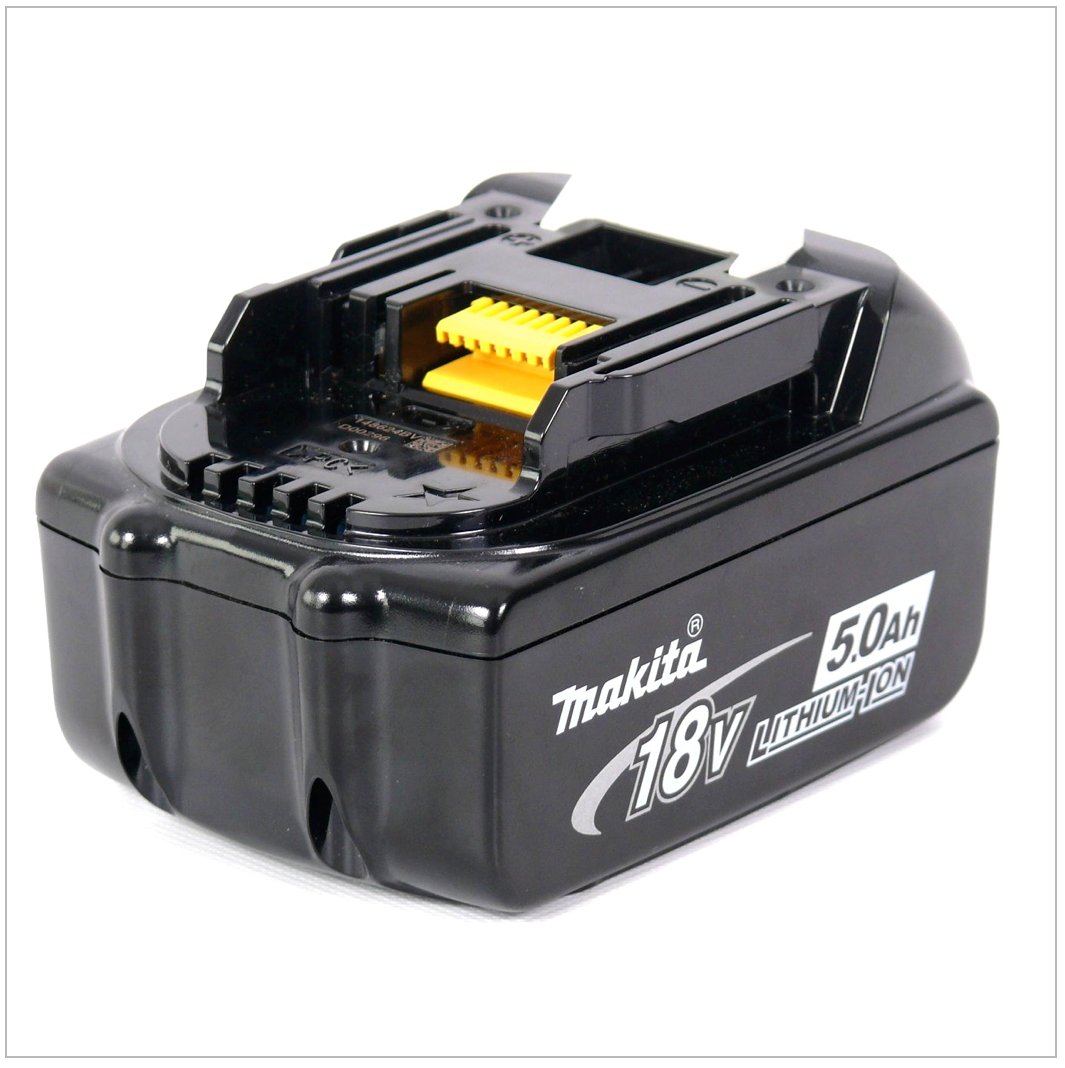 Schwarzer Makita 18V 5,0Ah Lithium-Ionen-Akku. Mit gelben Anschlüssen, schwarzem Gehäuse und weißem Logo und Text.