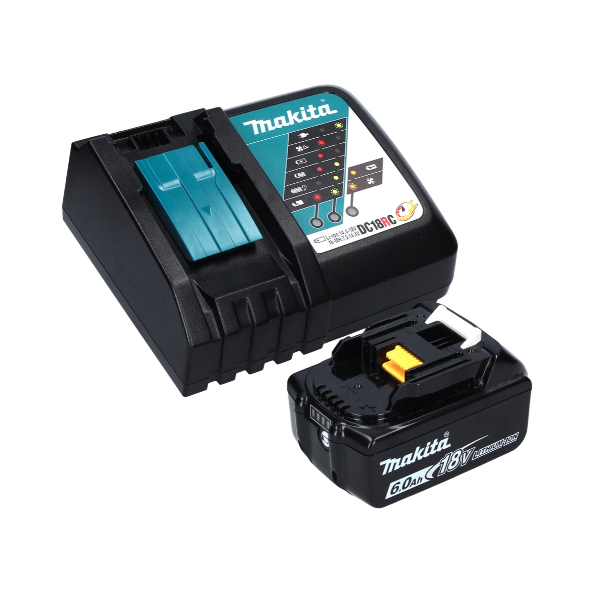 Makita Ladegerät und Akku. Schwarzes Ladegerät mit tealfarbenen Akzenten, Akku ist schwarz. Beide haben Makita-Branding.