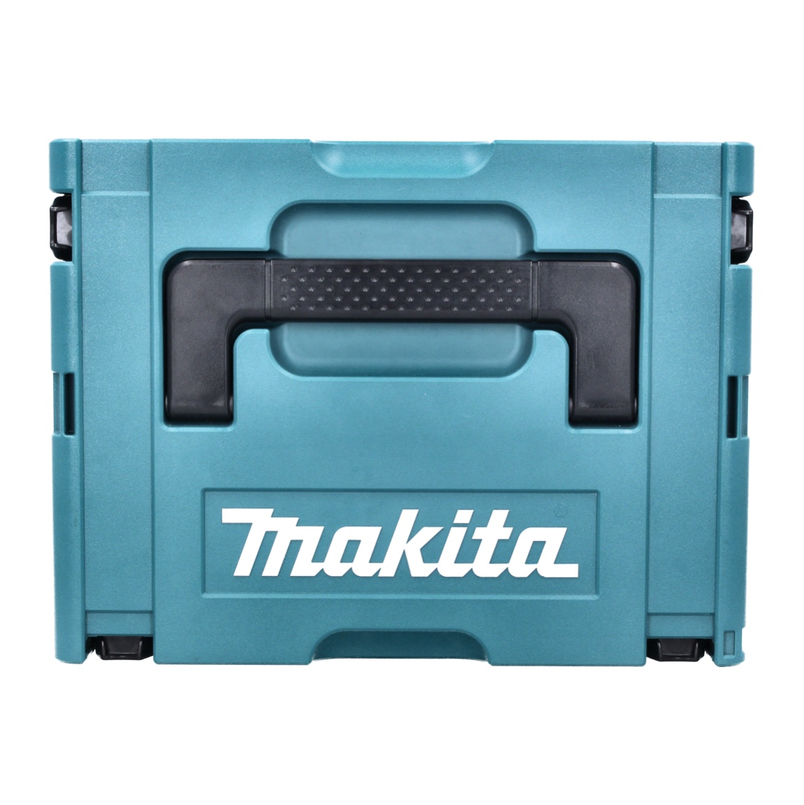 Eine türkisfarbene Makita-Werkzeugkiste mit schwarzem Griff und dem weißen Makita-Logo.