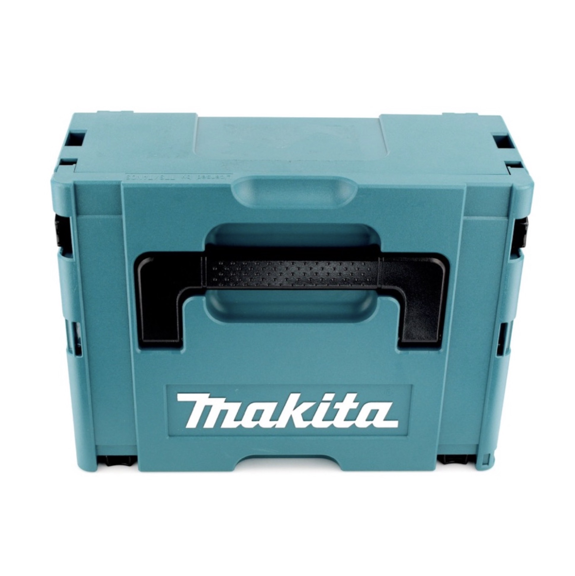 Eine türkisfarbene Makita-Werkzeugkiste steht auf einer weißen Oberfläche, mit schwarzem Griff und Makita-Logo in Weiß.