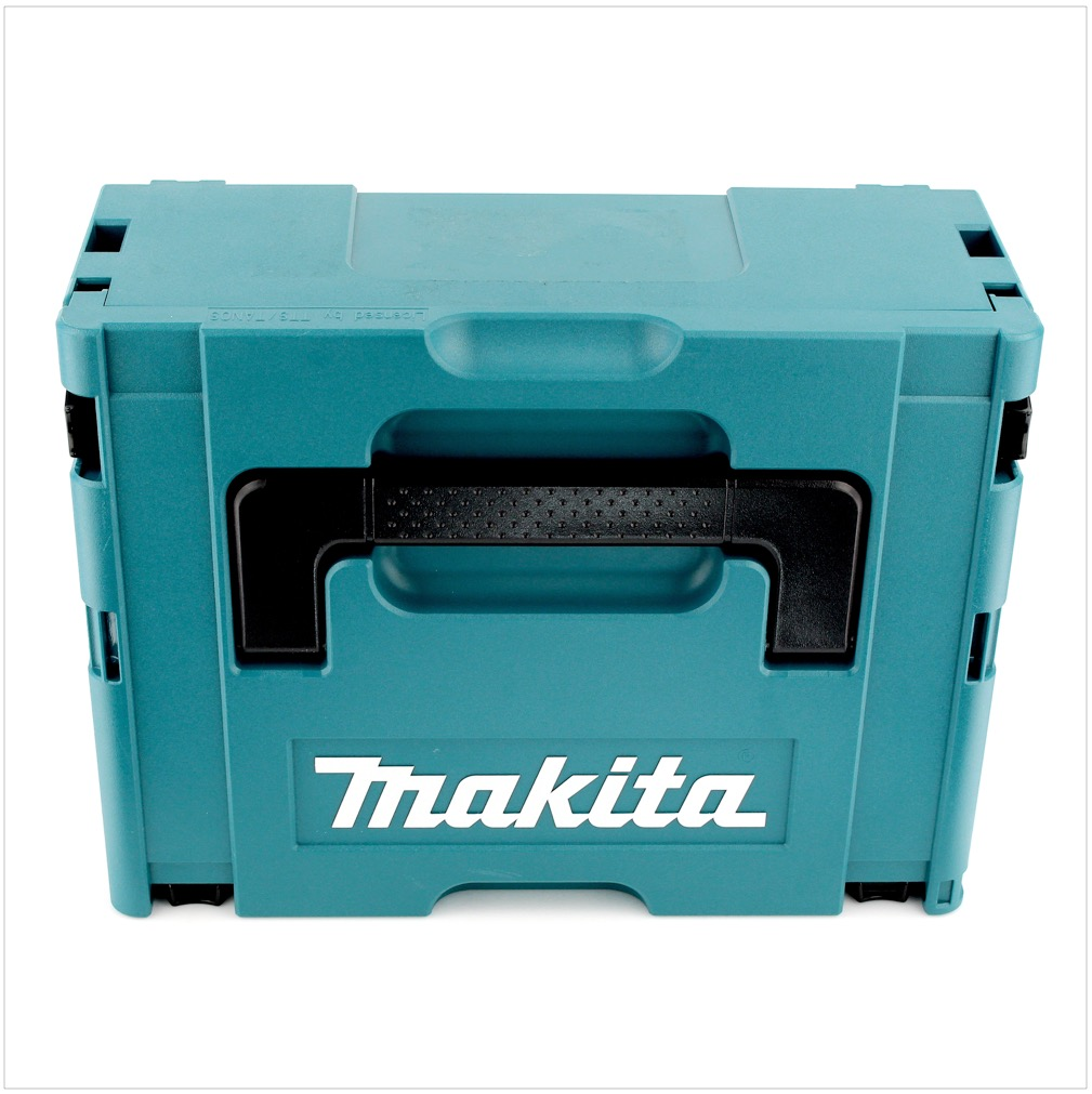 Eine türkisfarbene Makita-Werkzeugkiste mit schwarzem Griff und dem weißen Makita-Logo auf der Vorderseite. Es befindet sich auf weißem Hintergrund.