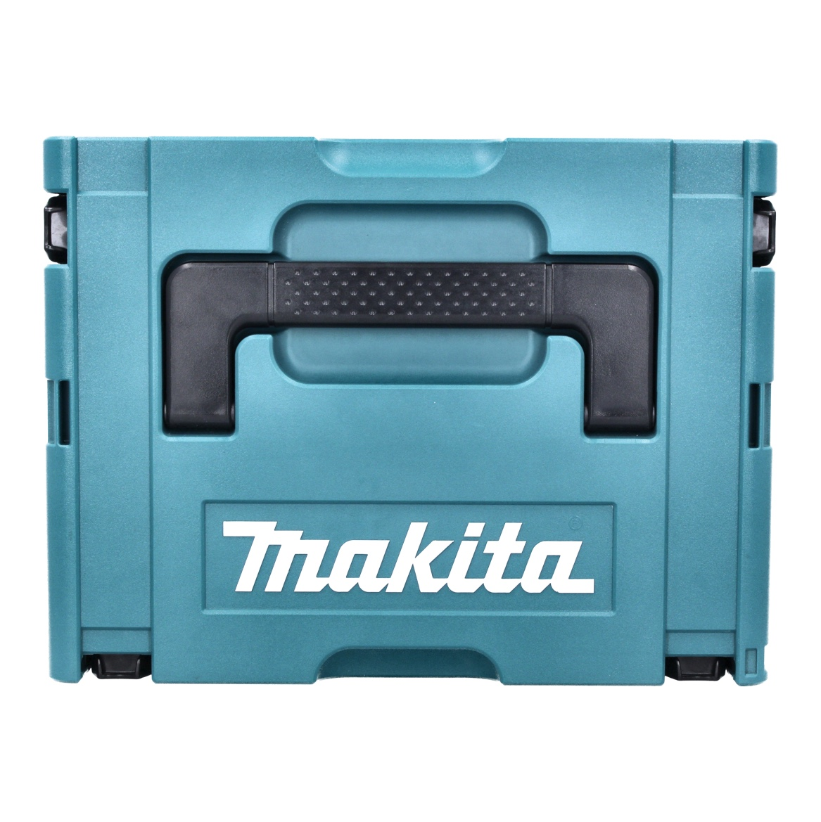 Eine türkisfarbene Makita-Werkzeugkiste mit schwarzem Griff. Das Makita-Logo ist weiß. Die Box ist geschlossen und rechteckig.