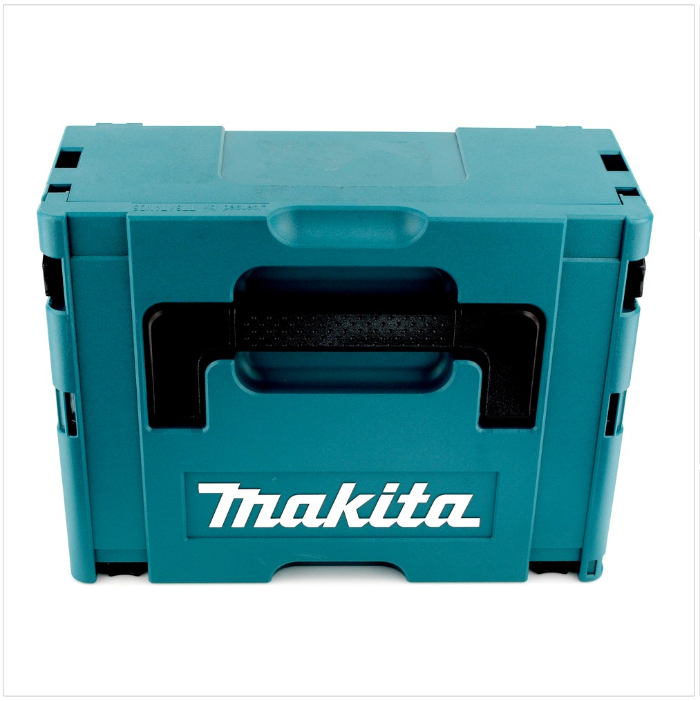 Eine tealfarbene Makita-Klappkiste mit schwarzem Griff und Makita-Logo. Die Kiste ist geschlossen und steht auf weißem Untergrund.