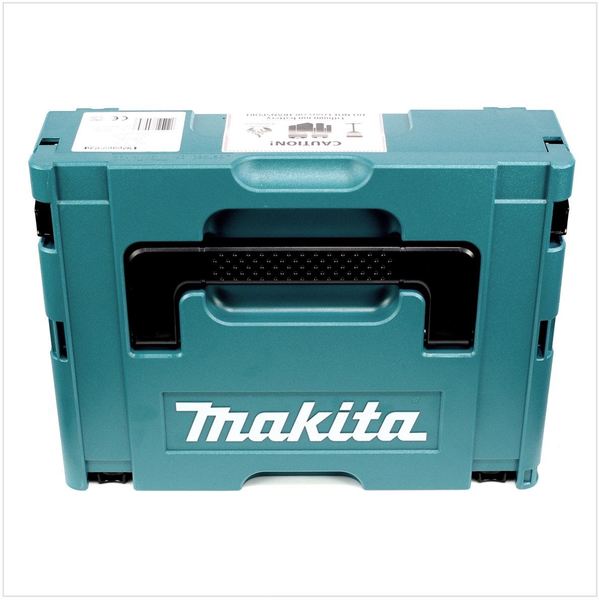 Eine türkisfarbene Makita-Werkzeugkiste mit schwarzem Griff. Der Markenname ist weiß und prominent. Die Box ist geschlossen, mit weißem Hintergrund.