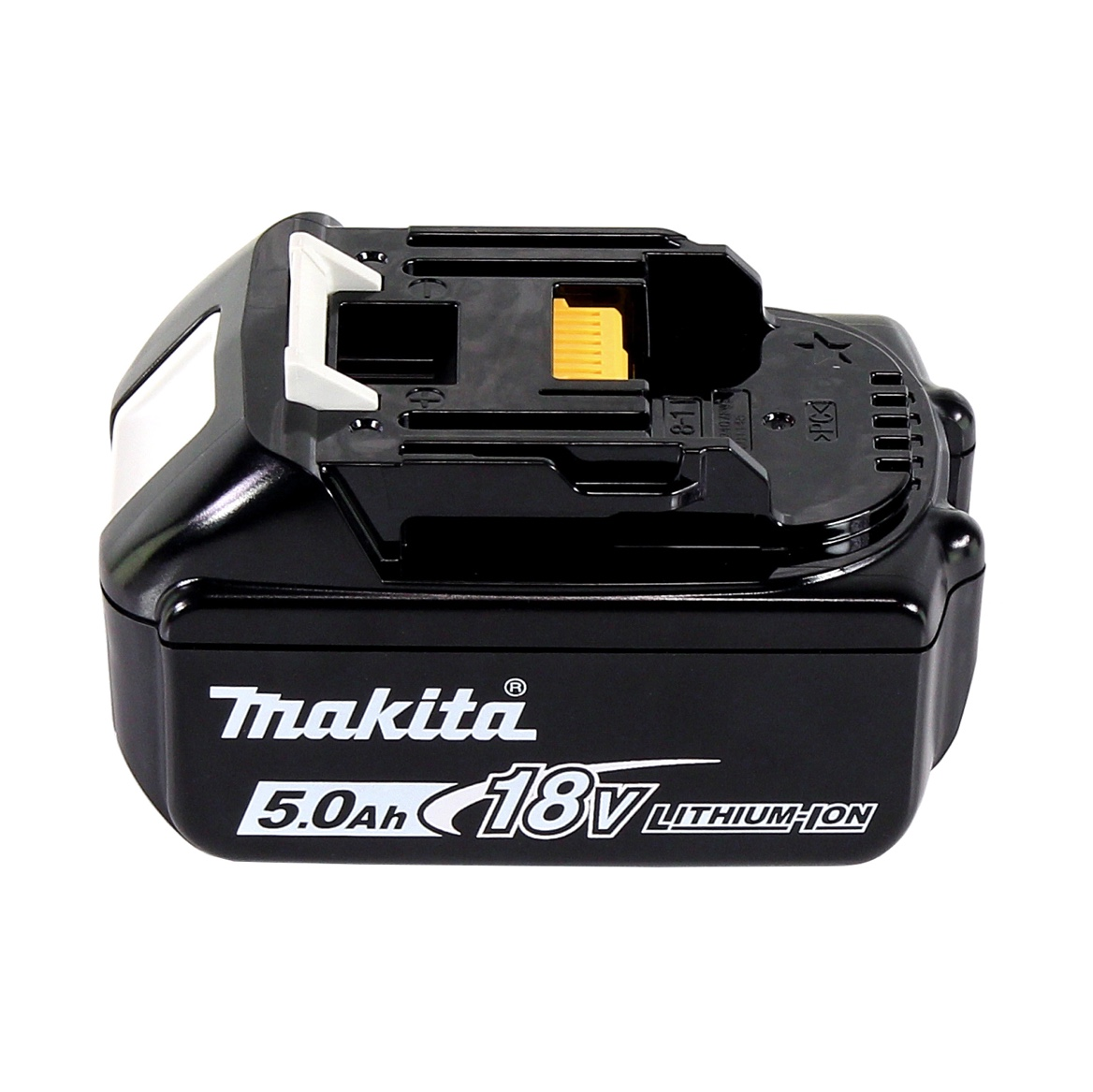 Schwarzer Makita 18V Lithium-Ionen-Akku. Mit weißem Makita-Logo, gelbem Anschluss und weißen Akzenten. Isoliert auf Weiß.