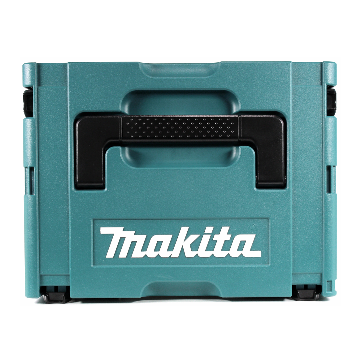 Eine türkisfarbene Makita-Werkzeugkiste mit schwarzem Griff und weißem Makita-Logo. Die Box ist rechteckig mit weißem Hintergrund.