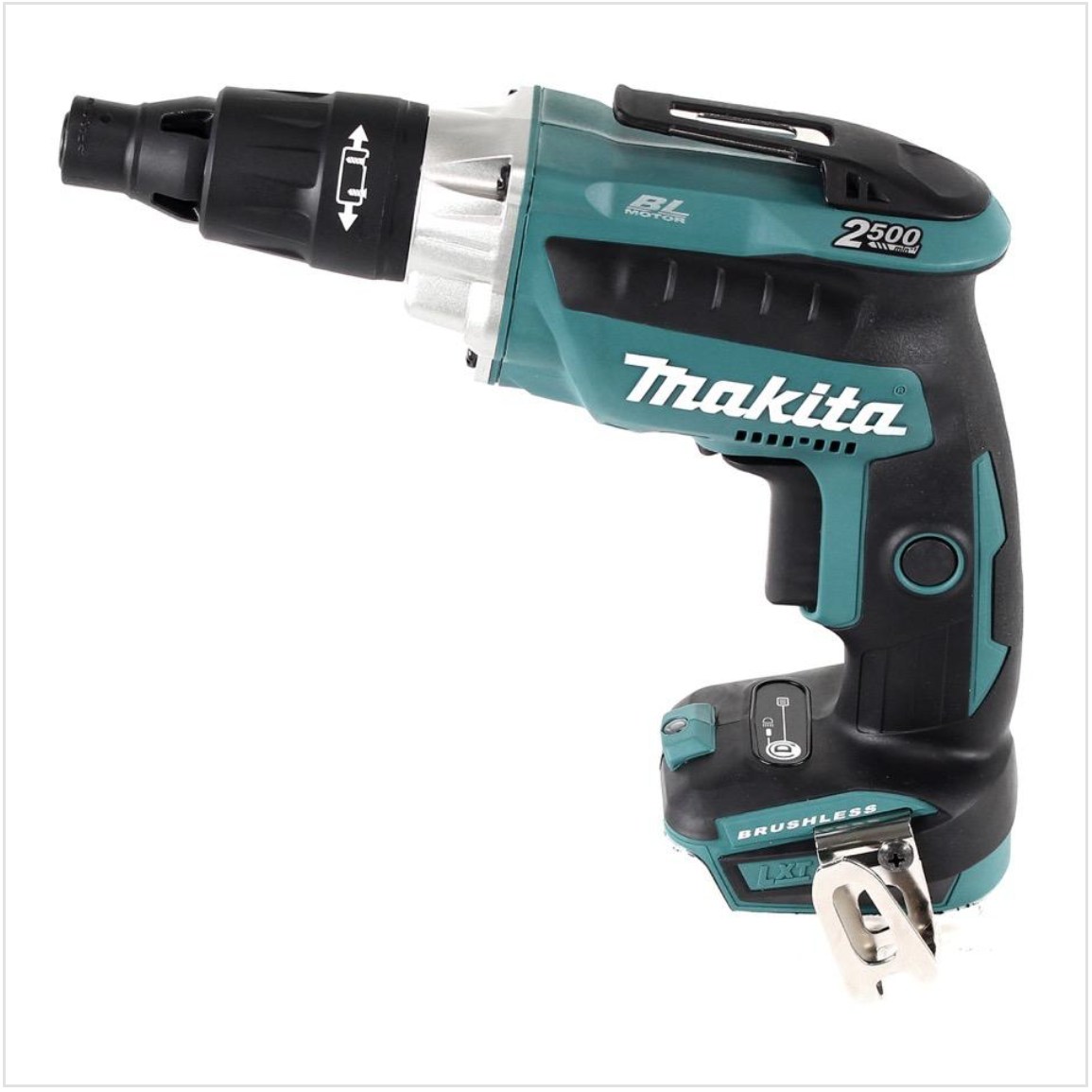 Ein Makita-Akkuschrauber. Er ist türkis und schwarz, mit dem Makita-Logo. Er hat einen schwarzen Kopf und einen silbernen Gürtelclip.