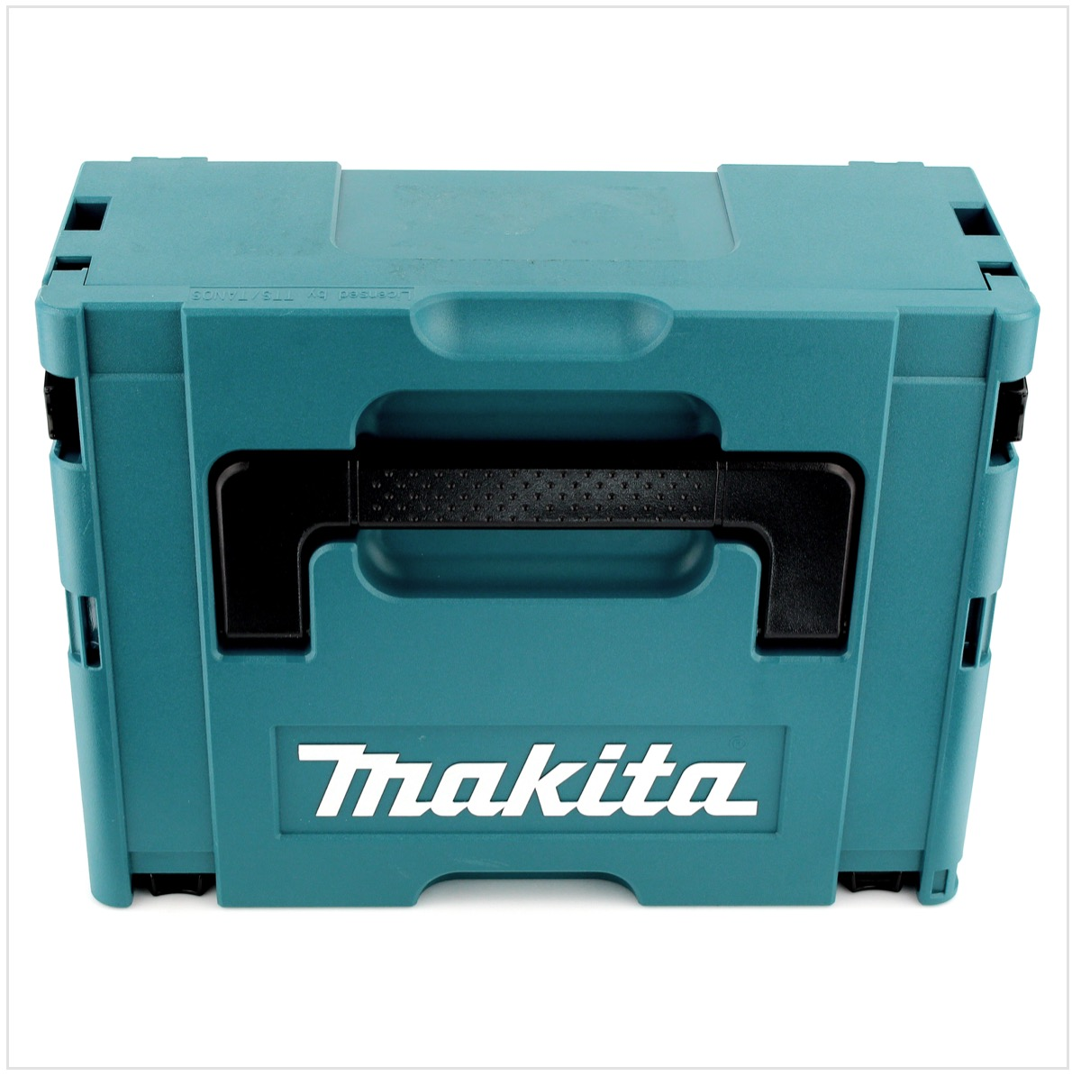 Eine türkisfarbene Makita-Werkzeugkiste mit schwarzem Griff. Das Makita-Logo ist weiß auf der Vorderseite.