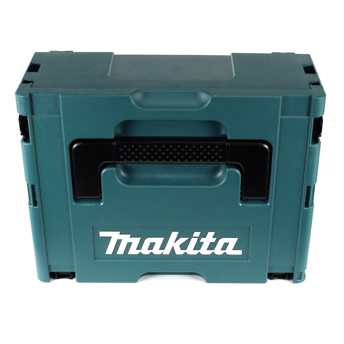 Eine teal Makita-Werkzeugkiste mit schwarzem Griff und dem Makita-Logo. Der Hintergrund ist weiß.