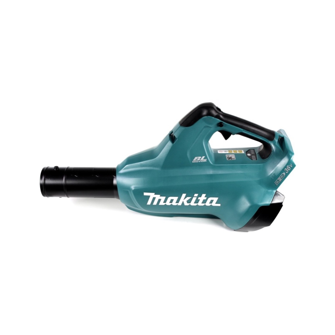 Ein türkisfarbener Makita-Laubbläser auf weißem Hintergrund. Er hat einen schwarzen Griff, eine Düse und ein Logo.
