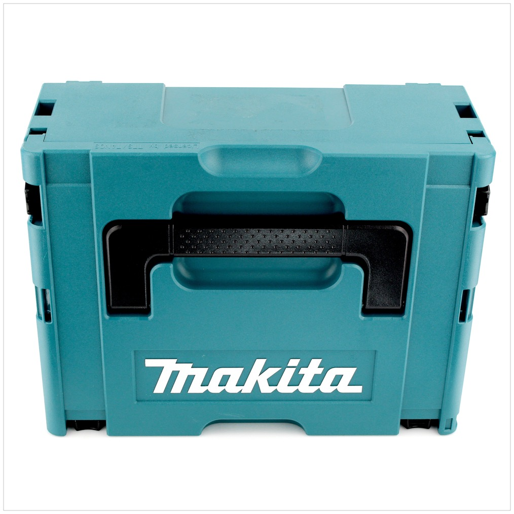 Eine türkisfarbene Makita-Werkzeugkiste ist zentriert. Sie hat einen schwarzen Griff und das Makita-Logo in Weiß. Der Hintergrund ist schlicht weiß.