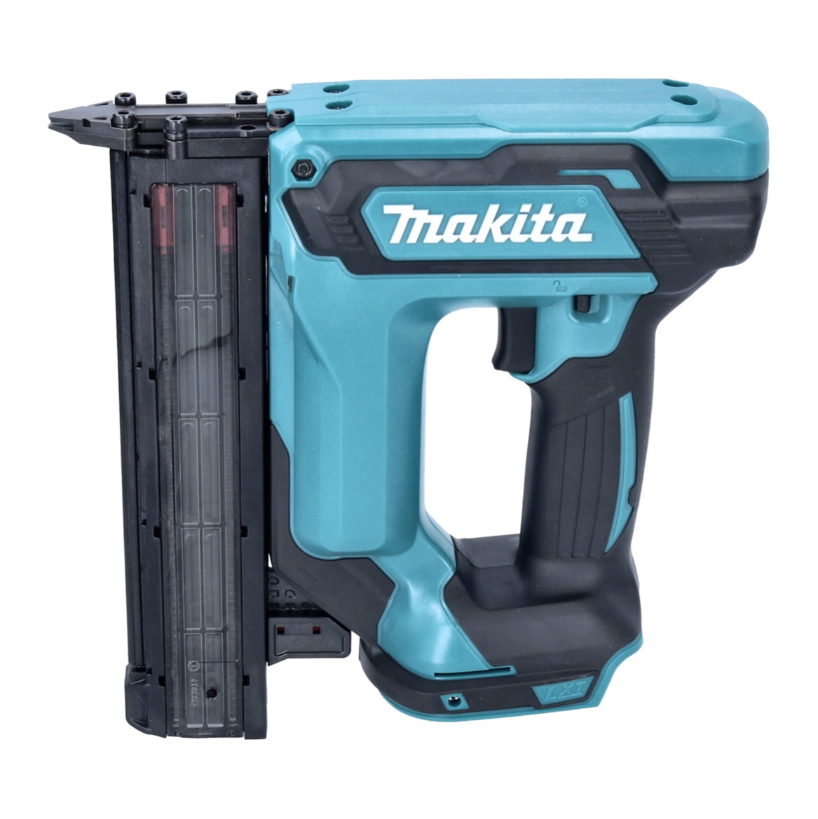 Eine türkisfarbene Makita-Nagelpistole mit schwarzem Griff und Magazin. Der Markenname ist sichtbar.