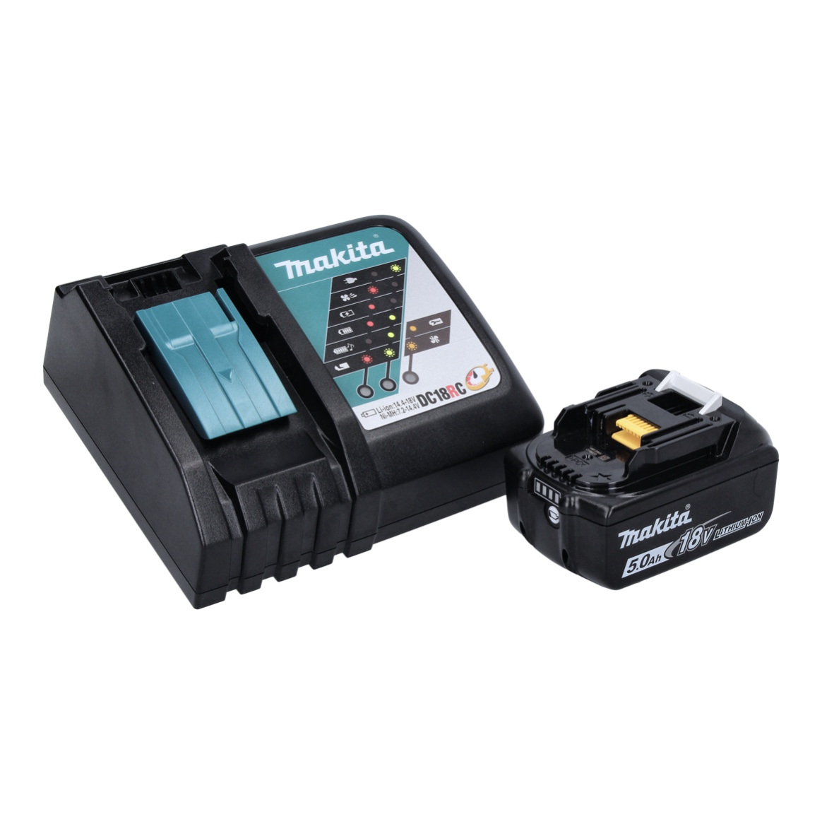 Makita-Akkuladegerät und 18-V-Akku. Schwarzes Ladegerät mit tealfarbenen Details, Akku ist schwarz mit gelben Akzenten.