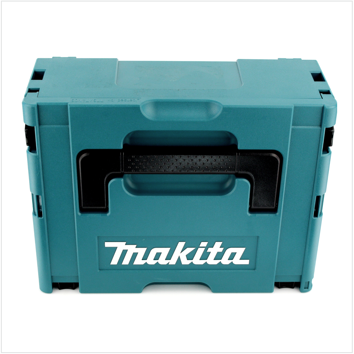 Eine türkisfarbene Makita-Werkzeugkiste auf einer weißen Oberfläche. Sie hat einen schwarzen Griff und das Makita-Logo in Weiß.